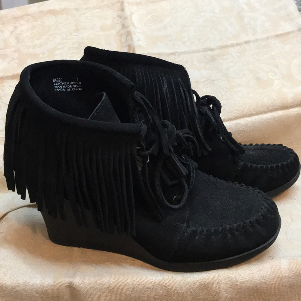 suede heeled booties with fringes